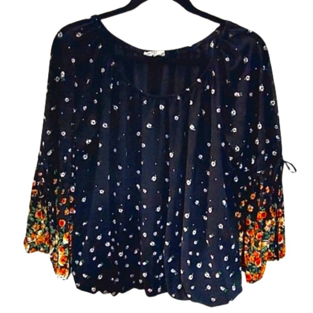 Cute Black Top With Yellow/Orange/Green Floral Bell Sleeves. Sz L